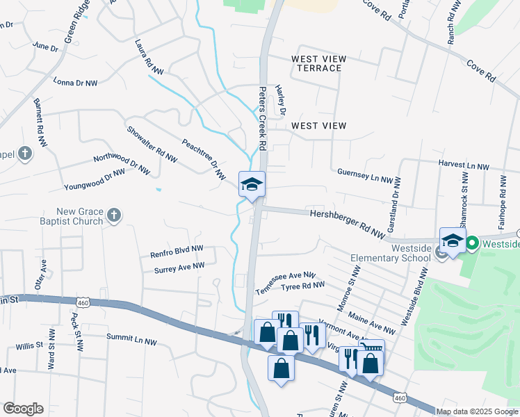 map of restaurants, bars, coffee shops, grocery stores, and more near 2637 Peters Creek Road Northwest in Roanoke
