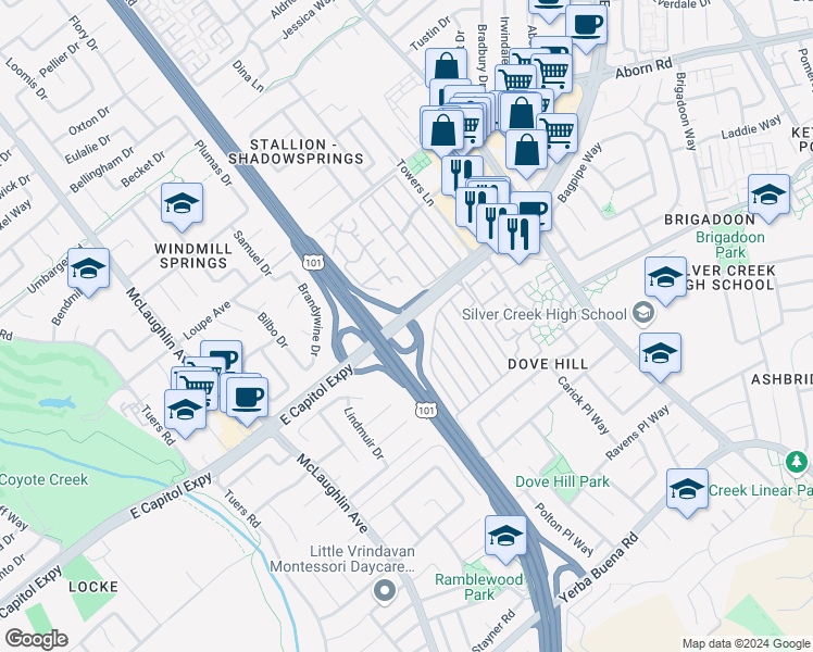 map of restaurants, bars, coffee shops, grocery stores, and more near 1520 East Capitol Expressway in San Jose