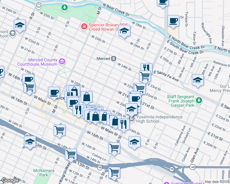 map of restaurants, bars, coffee shops, grocery stores, and more near 212 West 21st Street in Merced
