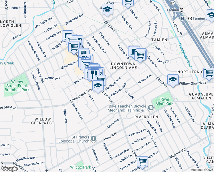 map of restaurants, bars, coffee shops, grocery stores, and more near 1075 Michigan Avenue in San Jose