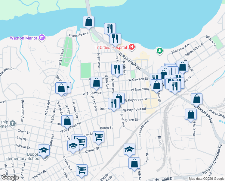 map of restaurants, bars, coffee shops, grocery stores, and more near 610 West Broadway in Hopewell