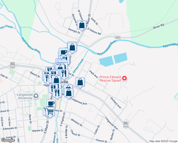 map of restaurants, bars, coffee shops, grocery stores, and more near 409 Park Avenue in Farmville