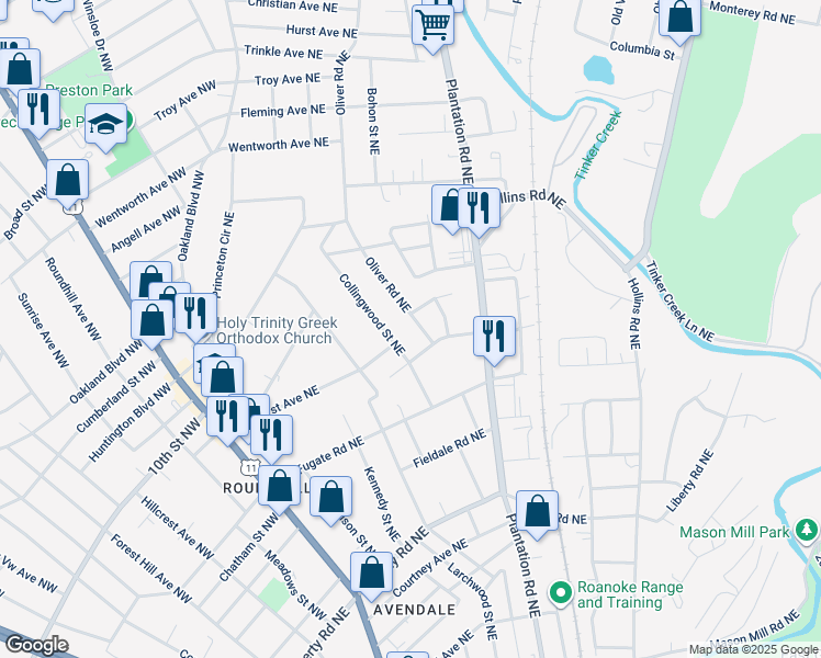 map of restaurants, bars, coffee shops, grocery stores, and more near 3122 Oliver Road Northeast in Roanoke