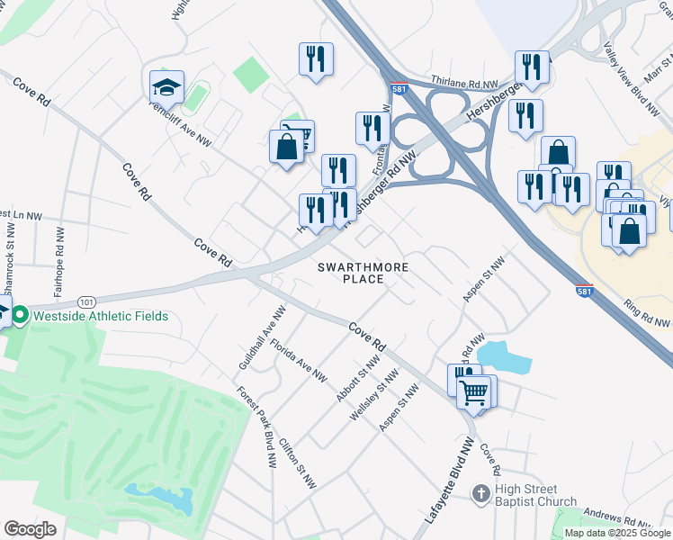 map of restaurants, bars, coffee shops, grocery stores, and more near 3047 Swarthmore Avenue Northwest in Roanoke