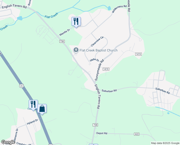 map of restaurants, bars, coffee shops, grocery stores, and more near 1401 English Tavern Road in Lynchburg
