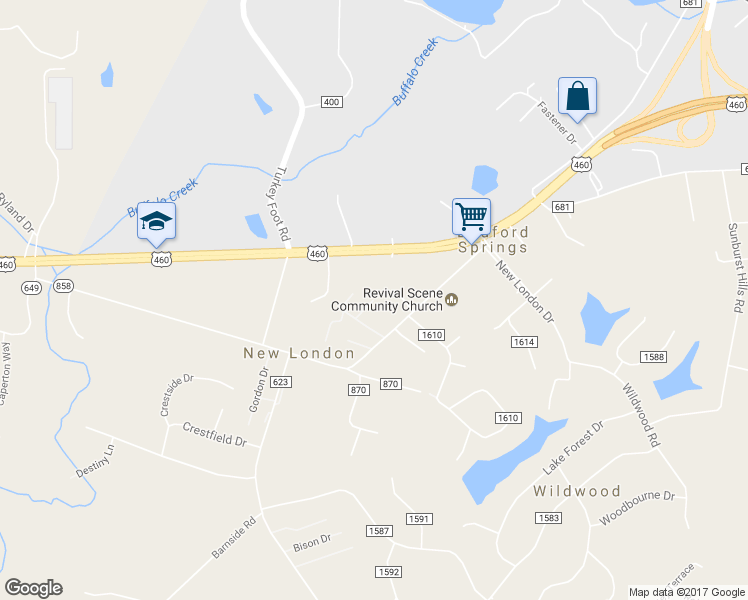 map of restaurants, bars, coffee shops, grocery stores, and more near 99 Sky Place in Lynchburg