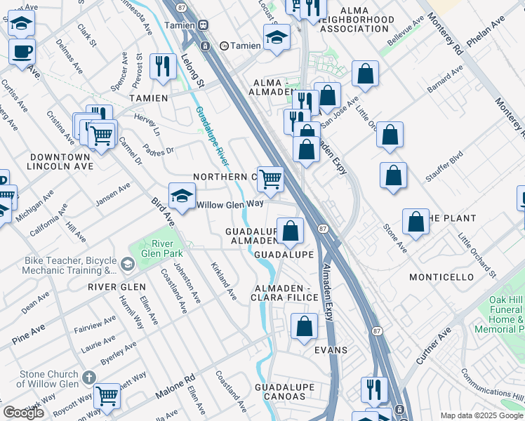 map of restaurants, bars, coffee shops, grocery stores, and more near 1667 Guadalupe Avenue in San Jose
