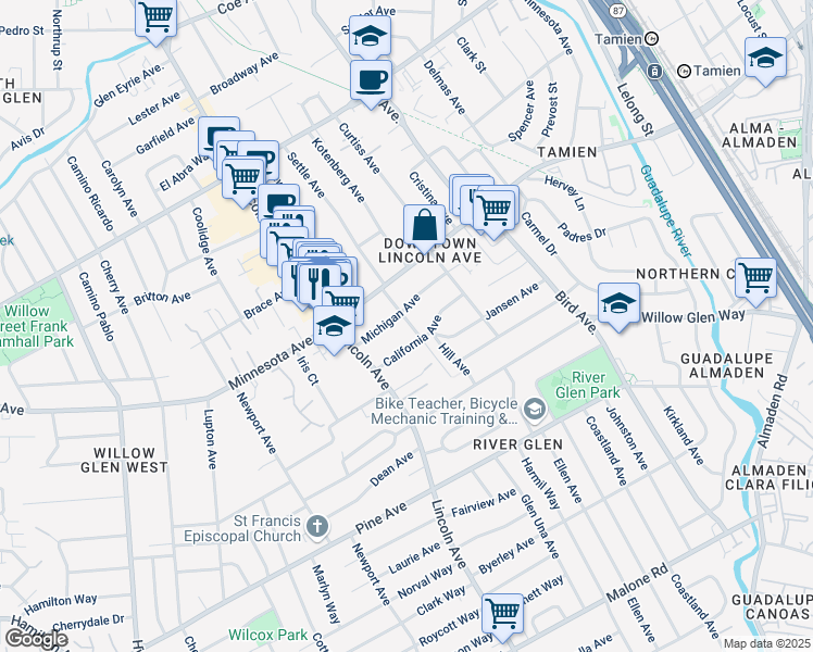 map of restaurants, bars, coffee shops, grocery stores, and more near 1465 Settle Avenue in San Jose