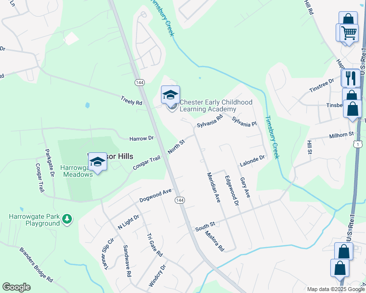 map of restaurants, bars, coffee shops, grocery stores, and more near 3613 North Street in Chester