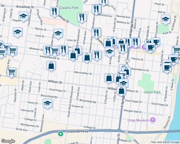 map of restaurants, bars, coffee shops, grocery stores, and more near 1118 Merriwether Street in Cape Girardeau