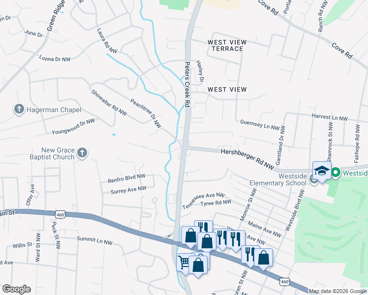 map of restaurants, bars, coffee shops, grocery stores, and more near 1488 Peters Creek Road Northwest in Roanoke