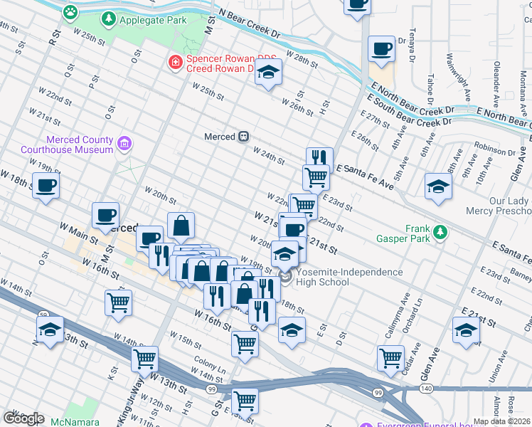 map of restaurants, bars, coffee shops, grocery stores, and more near 119 West 21st Street in Merced
