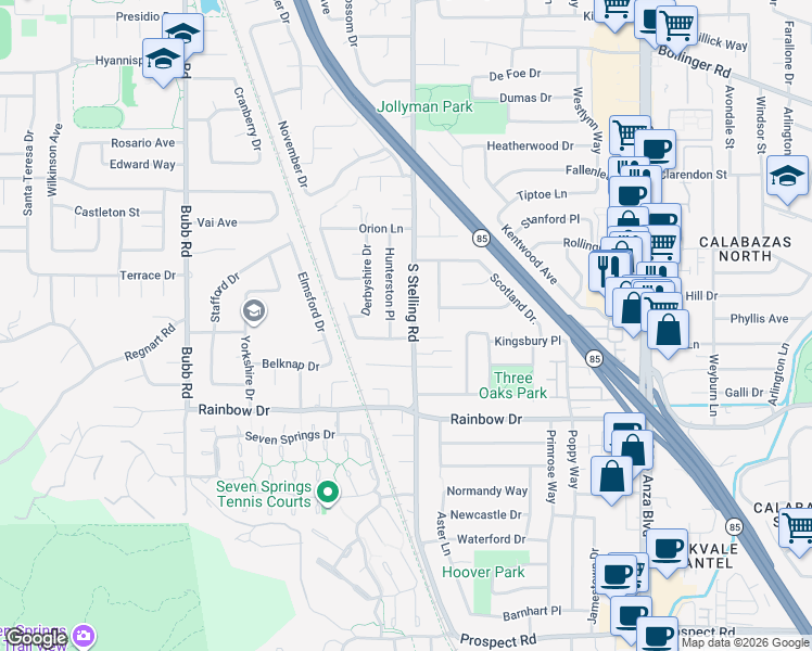map of restaurants, bars, coffee shops, grocery stores, and more near 1161 South Stelling Road in Cupertino