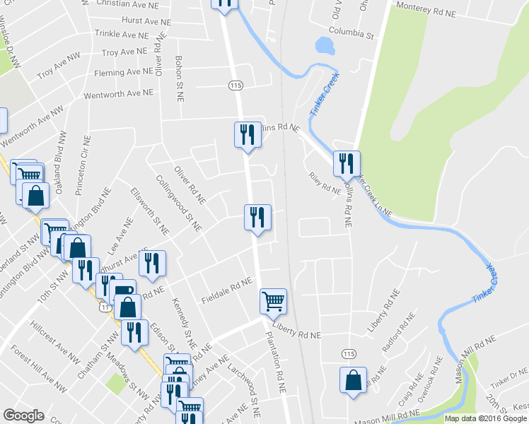 map of restaurants, bars, coffee shops, grocery stores, and more near 618 Lindbergh Lane Northeast in Roanoke