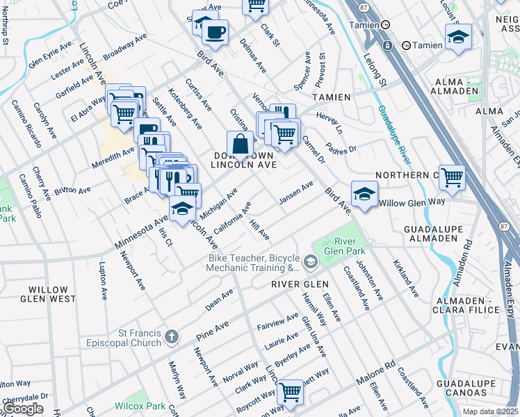 map of restaurants, bars, coffee shops, grocery stores, and more near 933 Jansen Avenue in San Jose