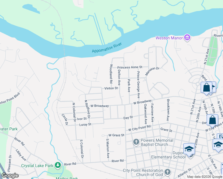 map of restaurants, bars, coffee shops, grocery stores, and more near 3200 Vinton Street in Hopewell
