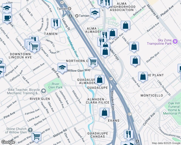 map of restaurants, bars, coffee shops, grocery stores, and more near 1667 Guadalupe Avenue in San Jose