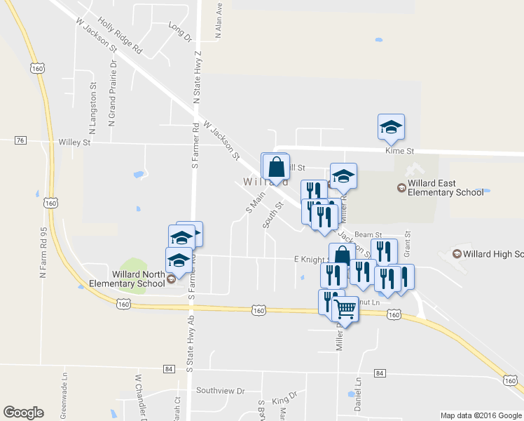 map of restaurants, bars, coffee shops, grocery stores, and more near 104 East Robberson Street in Willard