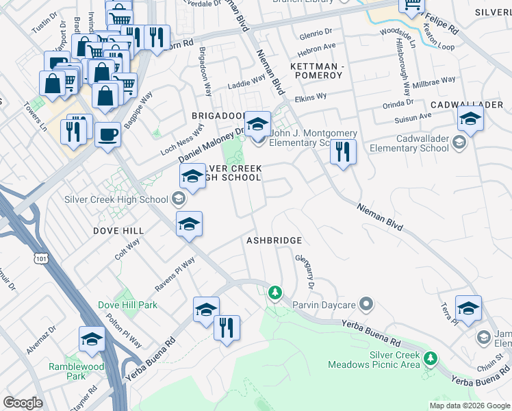 map of restaurants, bars, coffee shops, grocery stores, and more near 3830 Brigadoon Way in San Jose