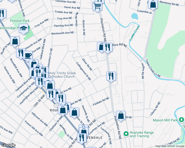 map of restaurants, bars, coffee shops, grocery stores, and more near 3122 Oliver Road Northeast in Roanoke