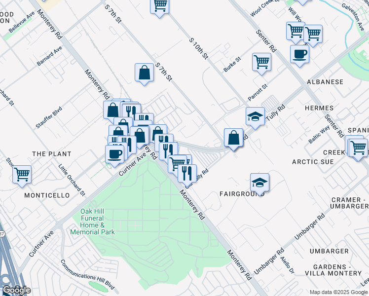 map of restaurants, bars, coffee shops, grocery stores, and more near 130 Tully Road in San Jose