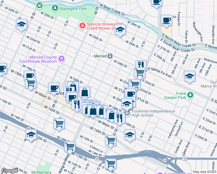 map of restaurants, bars, coffee shops, grocery stores, and more near 212 West 21st Street in Merced
