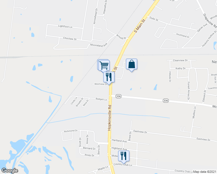 map of restaurants, bars, coffee shops, grocery stores, and more near 1905 S Main St in Madisonville