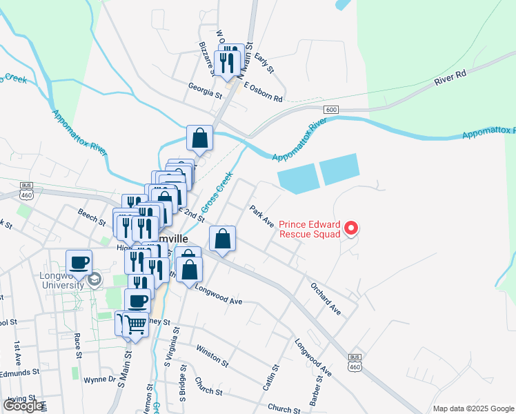 map of restaurants, bars, coffee shops, grocery stores, and more near 408 Park Avenue in Farmville