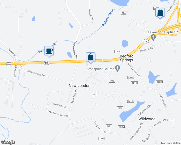 map of restaurants, bars, coffee shops, grocery stores, and more near 156 Point Drive in Lynchburg