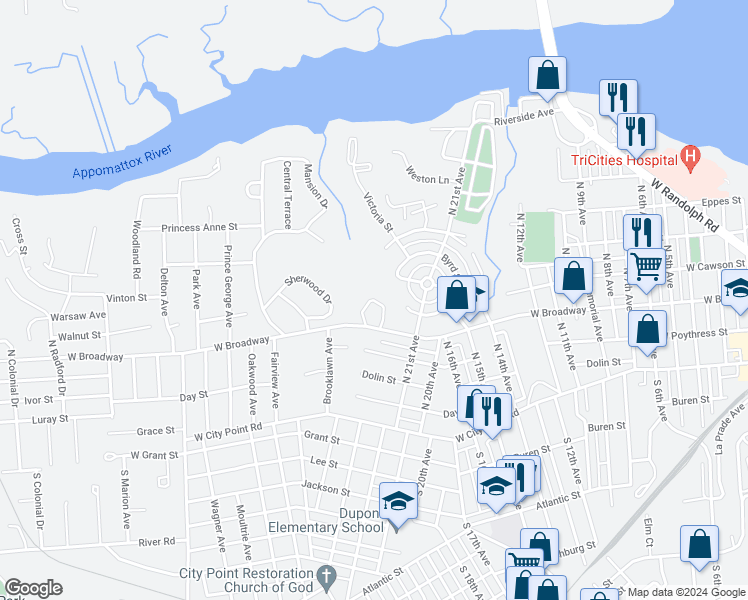 map of restaurants, bars, coffee shops, grocery stores, and more near 504 Monticello Drive in Hopewell