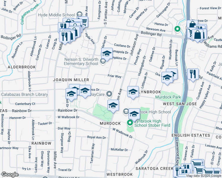 map of restaurants, bars, coffee shops, grocery stores, and more near 5909 Countess Drive in San Jose