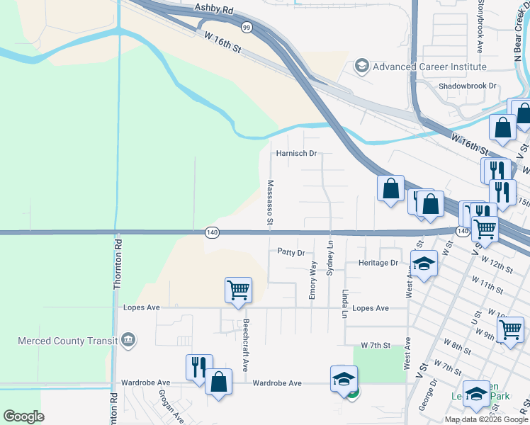 map of restaurants, bars, coffee shops, grocery stores, and more near 1281 Massasso Street in Merced