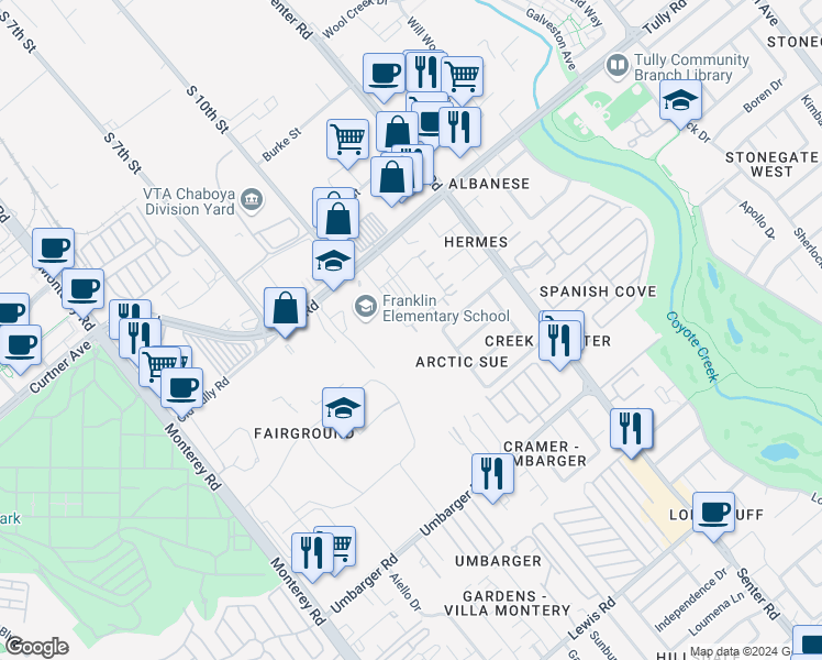 map of restaurants, bars, coffee shops, grocery stores, and more near 2771 Corde Terra Circle in San Jose