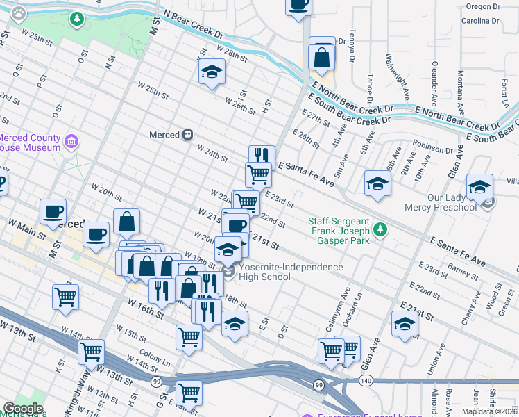 map of restaurants, bars, coffee shops, grocery stores, and more near 15 East 22nd Street in Merced