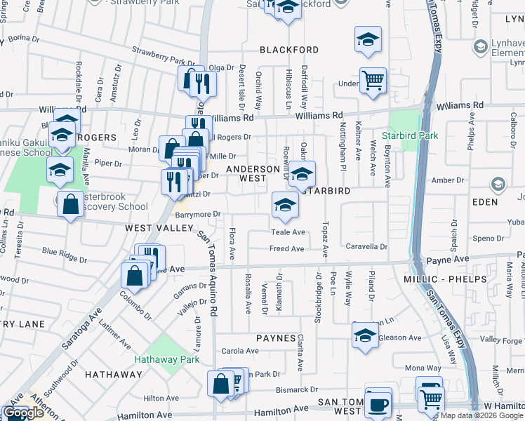 map of restaurants, bars, coffee shops, grocery stores, and more near 1150 Ranchero Way in San Jose