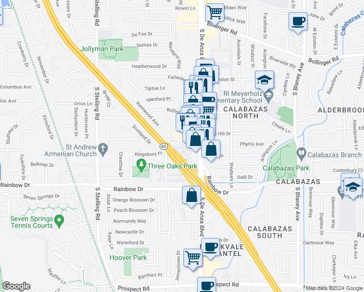map of restaurants, bars, coffee shops, grocery stores, and more near 1221 Kentwood Avenue in San Jose