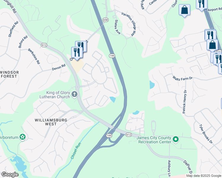 map of restaurants, bars, coffee shops, grocery stores, and more near 28 Indian Fields Way in Williamsburg