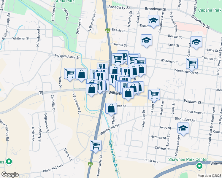 map of restaurants, bars, coffee shops, grocery stores, and more near 2148 William Street in Cape Girardeau