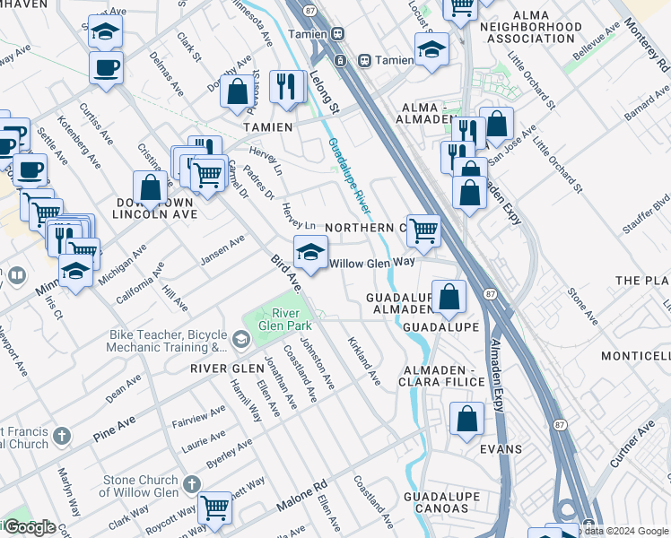 map of restaurants, bars, coffee shops, grocery stores, and more near 1653 Arbor Drive in San Jose