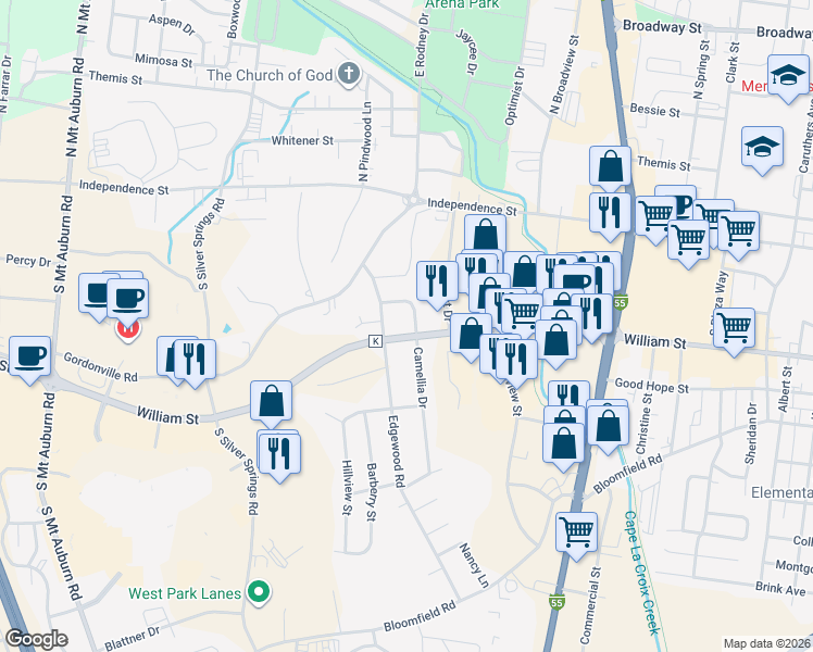 map of restaurants, bars, coffee shops, grocery stores, and more near 39 Camellia Drive in Cape Girardeau
