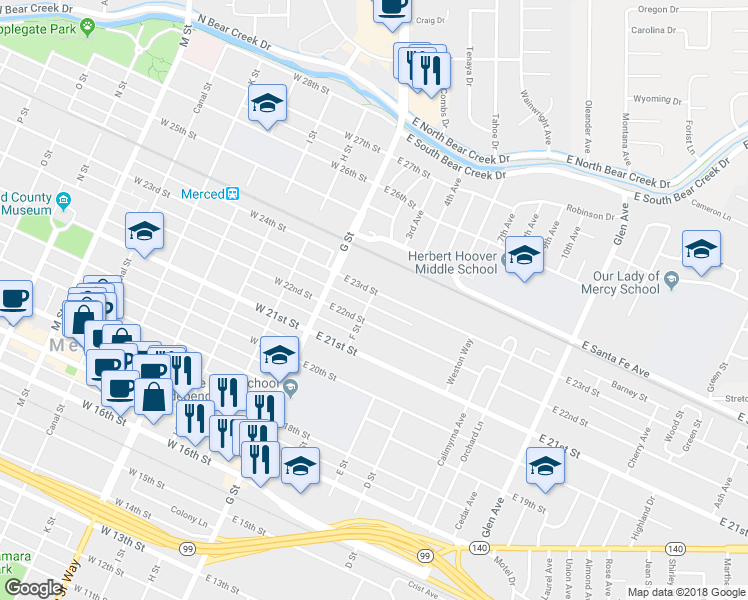 map of restaurants, bars, coffee shops, grocery stores, and more near 2226 F Street in Merced