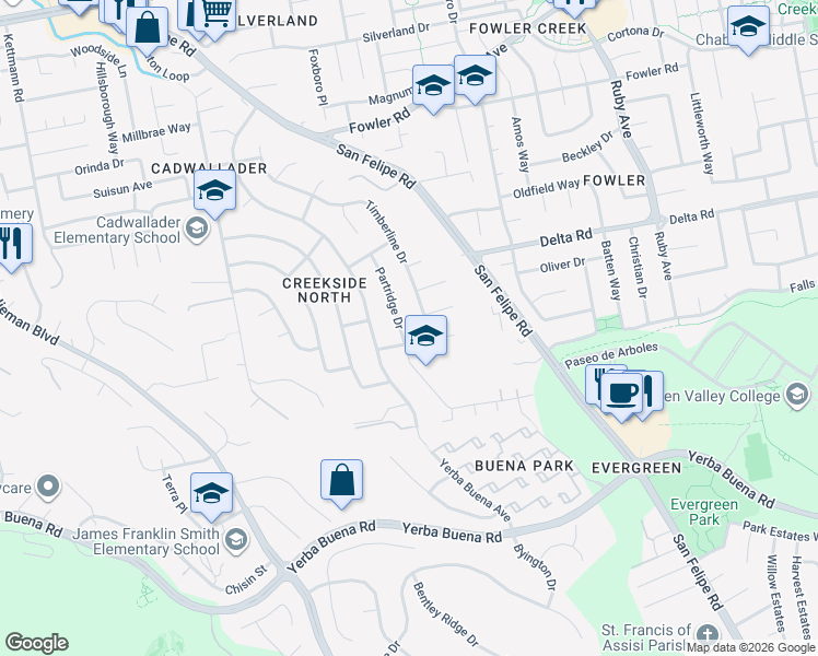 map of restaurants, bars, coffee shops, grocery stores, and more near 4180 Partridge Drive in San Jose