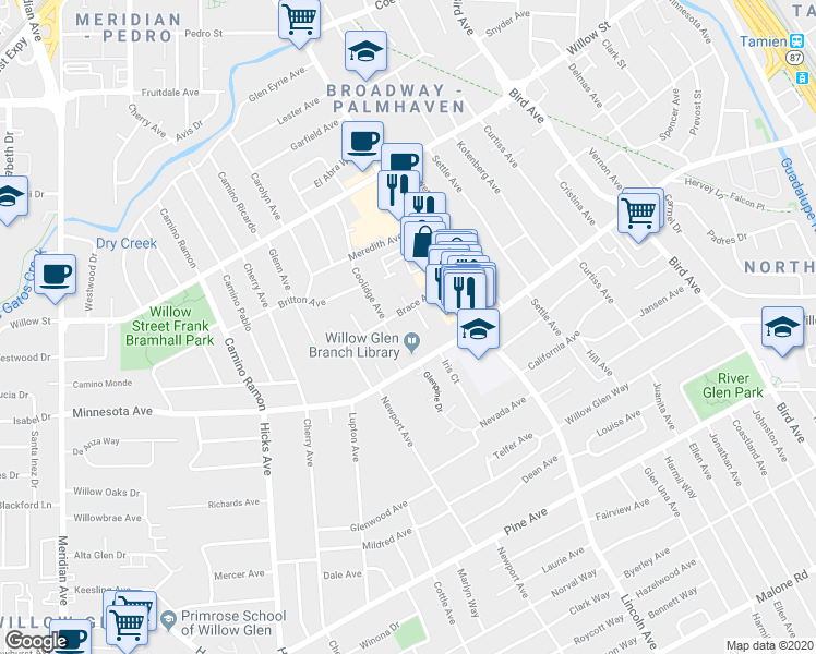 map of restaurants, bars, coffee shops, grocery stores, and more near 1150 Brace Avenue in San Jose