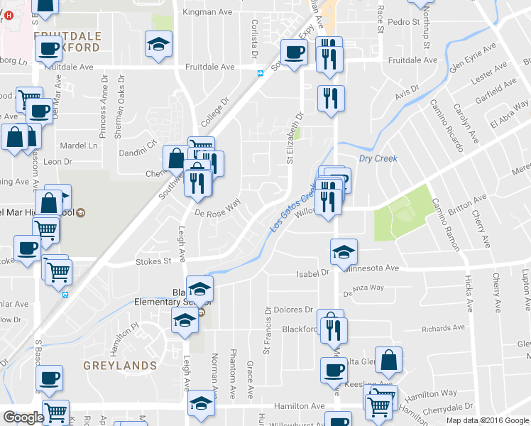 map of restaurants, bars, coffee shops, grocery stores, and more near 1450 Stokes Street in San Jose