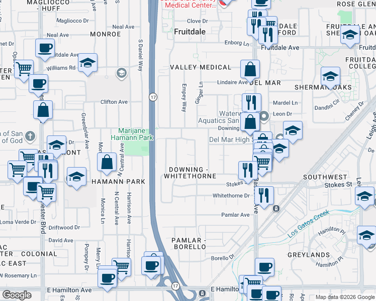 map of restaurants, bars, coffee shops, grocery stores, and more near 2489 Wooding Court in San Jose