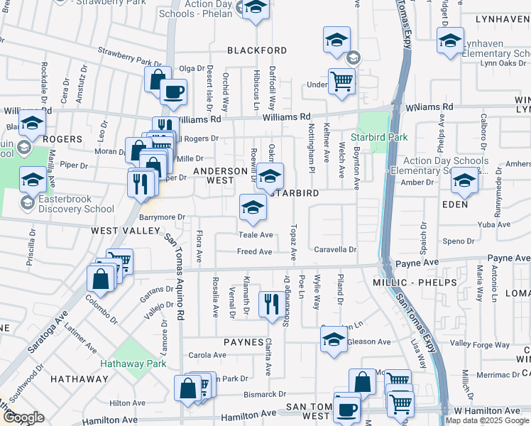 map of restaurants, bars, coffee shops, grocery stores, and more near 4000 Rhoda Drive in San Jose