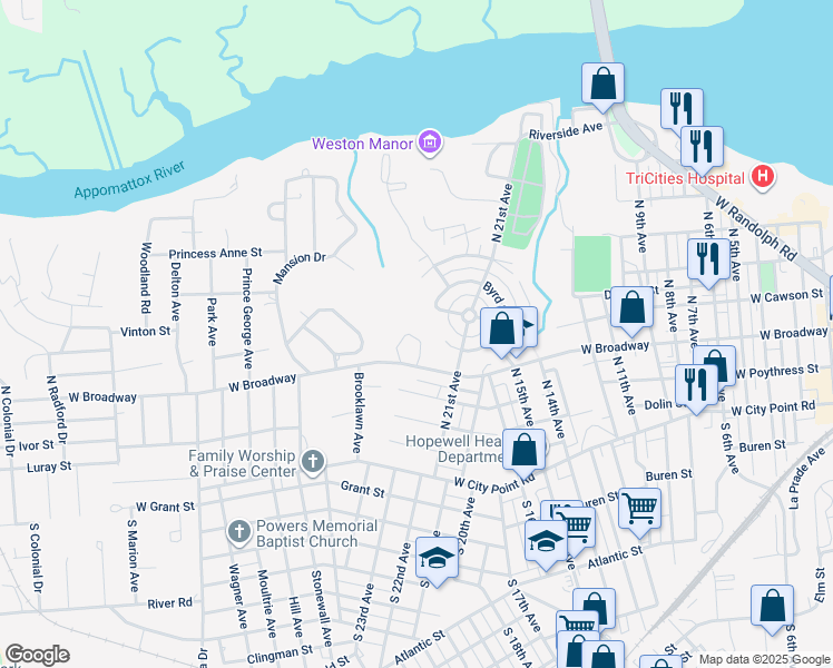 map of restaurants, bars, coffee shops, grocery stores, and more near 402 Monticello Drive in Hopewell