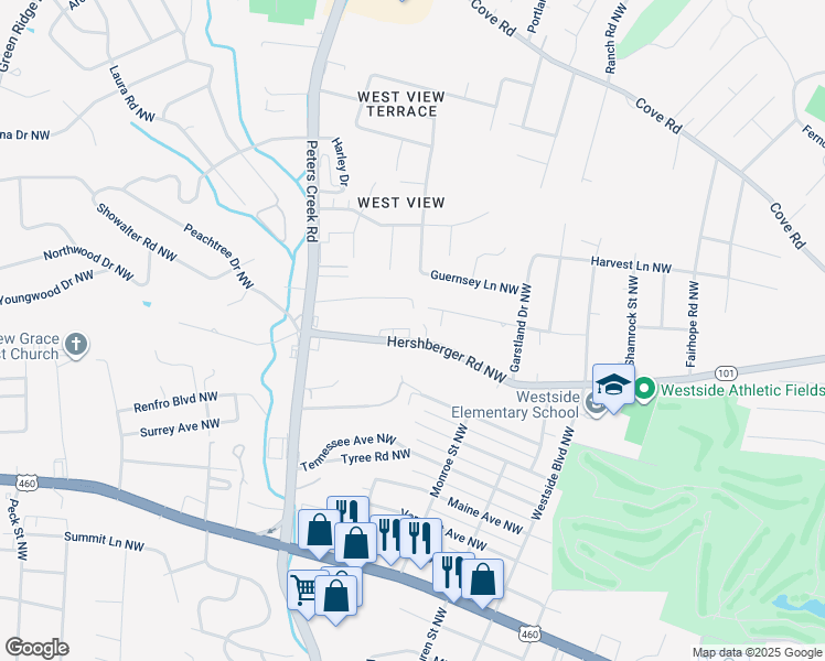 map of restaurants, bars, coffee shops, grocery stores, and more near Hershberger Rd NW in Roanoke