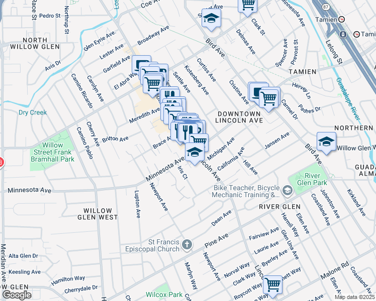 map of restaurants, bars, coffee shops, grocery stores, and more near 1361 Lincoln Avenue in San Jose