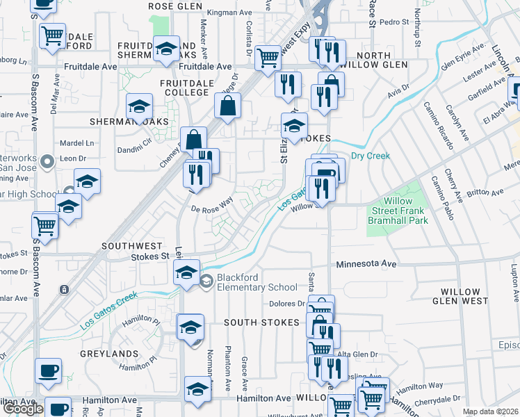 map of restaurants, bars, coffee shops, grocery stores, and more near 1450 Stokes Street in San Jose